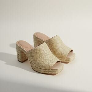 Charles David Prisca Natural Raffia Platform Sandals Heels · Size 9 · EUC Straw